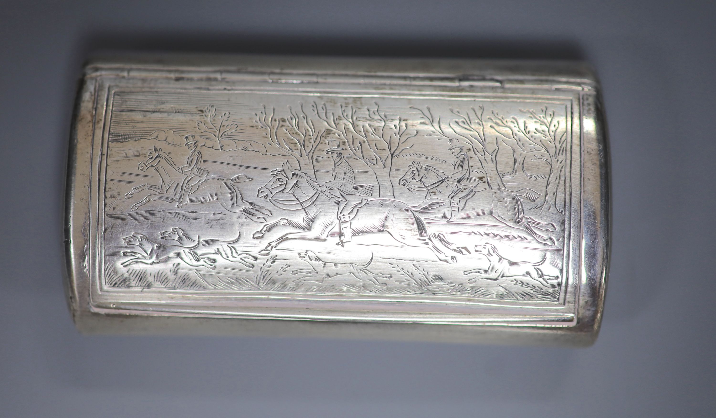 A George III engraved silver snuff box, decorated with hunting scene, W.E. London, 1802